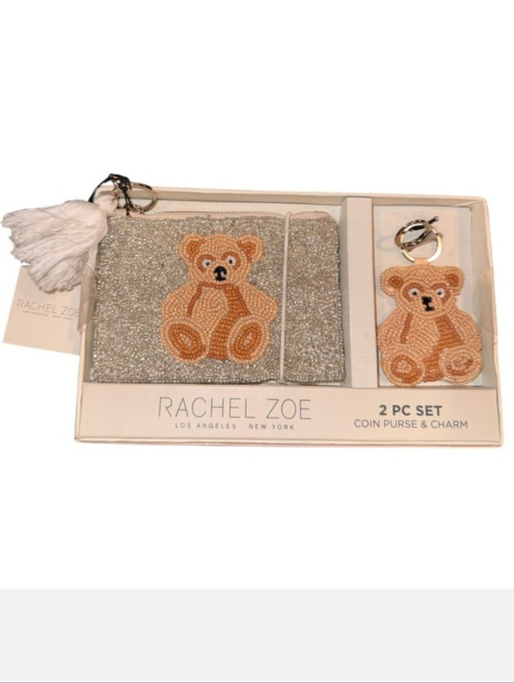 Rachel Zoe Silver Beaded Coin Purse with Tan Teddy Charm New In  Box
